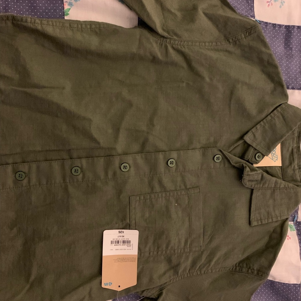Thereabouts Four Leaf Clover Green button down shirt with upper pocket.